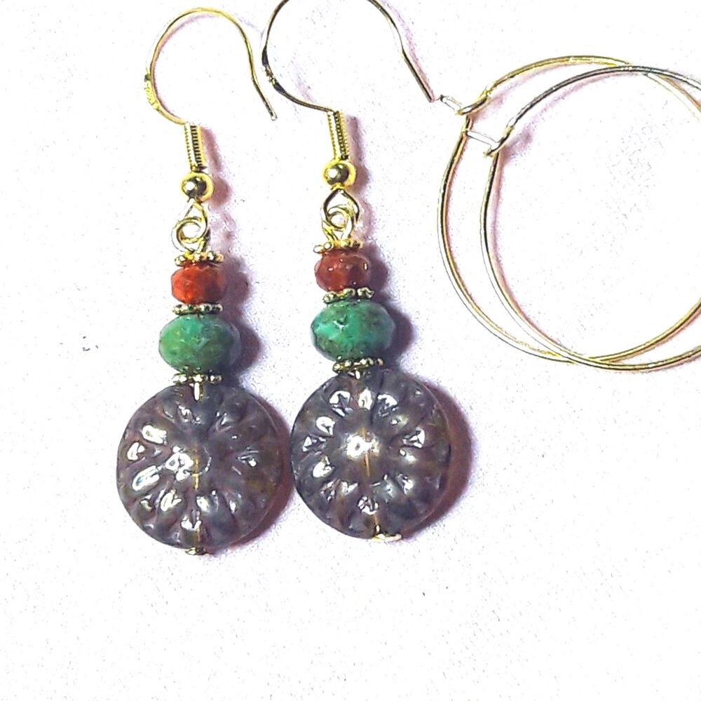 Brown Glass Antique Gold Hooks Hidden Meaning earrings Laced Up , Brooched  524■